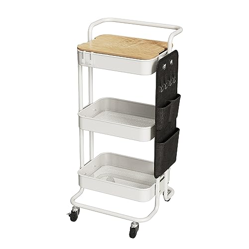 DTK 3 Tier Metal Utility Rolling Cart with Table Top and Side Bags, Metal Tray Storage Organizer Cart with Wheels, Art Craft Cart with 4 Hooks for Kitchen Bathroom Office Living Room (White) - large-Metal - White