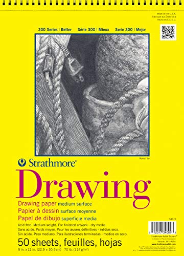 Strathmore 300 Series Drawing Paper Pad, Top Wire Bound, 9x12 inches, 50 Sheets (70lb/114g) - Artist Paper for Adults and Students - Charcoal, Colored Pencil, Ink, Pastel, Marker - 9x12 - Wire Binding - 50 Sheets