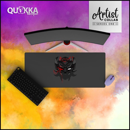 Japanese Hannya, Oni Demon Mask Design Mousepad (Grey) | Artist Collab x Ame - 90x40cm / 3mm / Stitched