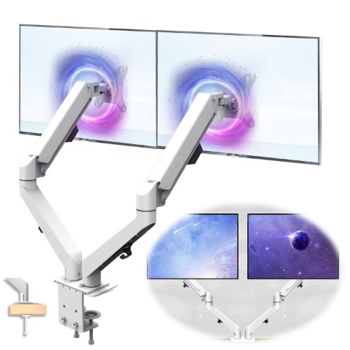HEYMIX Dual Monitor Arm, Adjustable Computer Monitor Stand Gas Spring Swivel Dual Monitor Mount, Dual Arm Gas VESA Monitor Stand for 13-32 inch LED/LCD Monitors up to 9kgs with 2-Grommet Mounting Base with 2-Grommet Mounting Base (White)