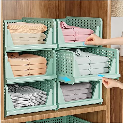SNSLXH 5 Pack Stackable Closet Storage Basket, Multifunctional & Foldable Closet Organizer for Bathroom Kitchen Laundry Room Wardrobe Storage, Space-Saving Clothes Storage Drawer Organizer, Green - Green 5 Pack