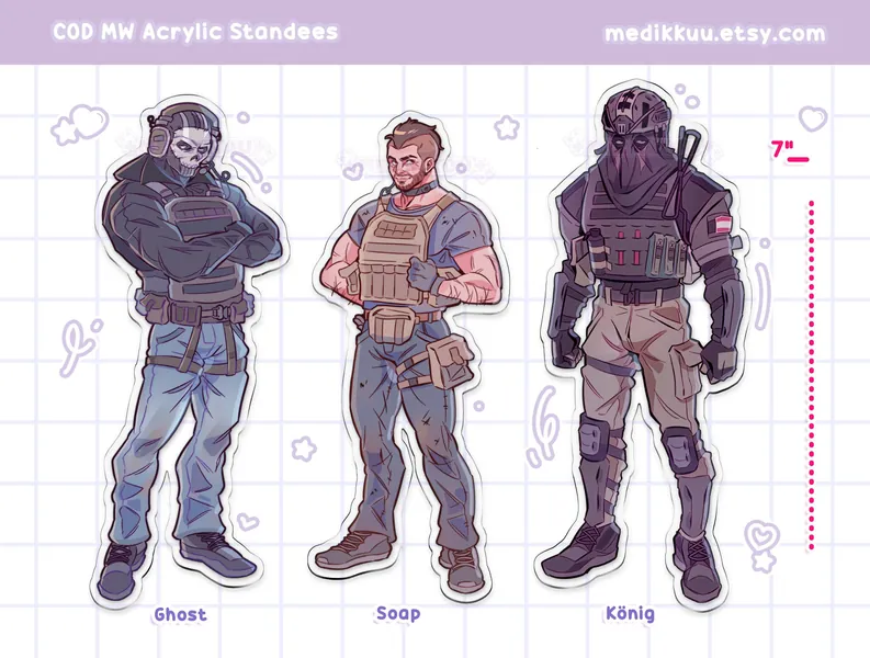 PREORDER cod mw acrylic standees (7" acrylic) | ghost, konig, soap | modern warfare 2 mw2 charm, call of duty