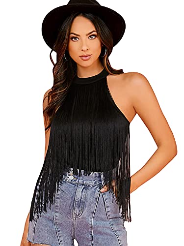 Verdusa Women's Fringe Trim Sleeveless Bodycon Halter Bodysuit Top - X-Large - Black