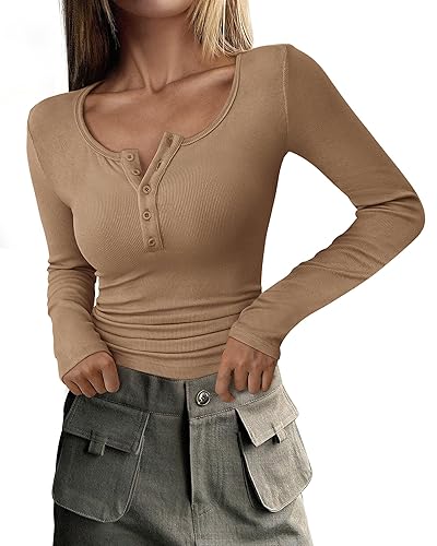 PRETTYGARDEN Women's 2024 Fall Long Sleeve Henley T Shirts Button Ribbed Knit Slim Fit Casual Basic Tops Blouse - Light Khaki - Large