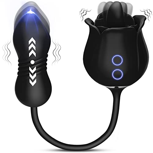Rose Sex Toys with Thrusting Dildo - 3 in 1 Adult Toys Clitoral G Spot Vibrator Rose Sex Stimulator for Women with 9 Tongue Licking & 9 Thrusting, Nipple Anal Adult Sex Toys & Games for Female Couples - Black