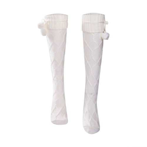 Winter Cable Knitted Cotton Thigh High Cozy Stocking with Pom Pom