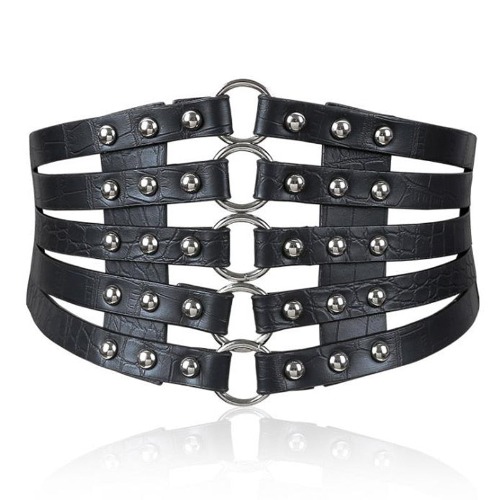 Black PU Fake Leather Metal Ring Belt
