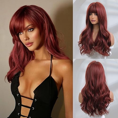 Honygebia Dark Red Wig with Bangs - Burgundy Wigs for Women, Wine Red Long Straight Layered Realistic Hair, Natural Synthetic Heat Resistant Wigs for Halloween/Christmas/Cosplay/Party - Dark Red Burgundy