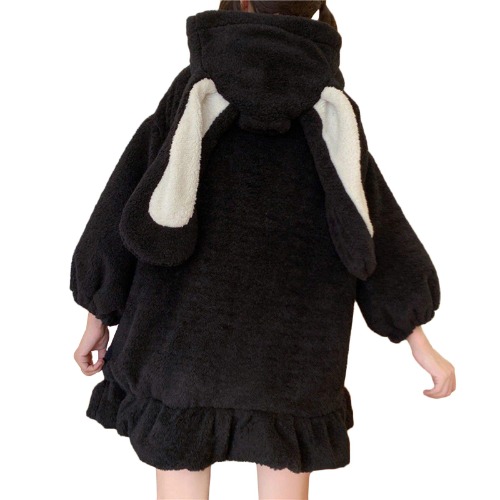 Women Cute Bunny Ear Long Sleeve Fuzzy Fluffy Rabbit Tops Sweatshirt Hoodie Jacket Coats - Large Black