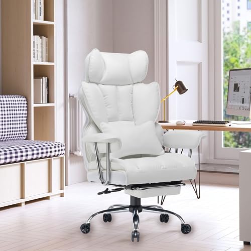 Efomao Desk Office Chair,Big High Back Chair,PU Leather Office Chair, Computer Chair,Managerial Executive Office Chair, Swivel Chair with Leg Rest and Lumbar Support,White Office Chair - White