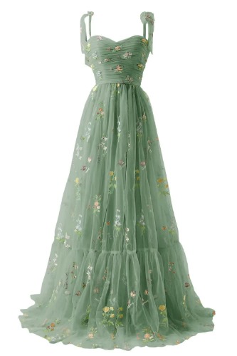 Vrouwen bloem borduurwerk tule galajurken sexy off shoulder spaghettiband bruidsmeisjesjurk tiener lange A lijn formele feestjurk - 34 - B-Green
