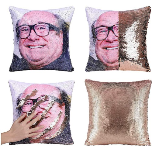 Omkeerbare kussensloop Danny DeVito pailletten, Danny Devito sierkussenovertrekken voor woonkamer en slaapkamer 40 x 40 cm kussenslopen met champagne-gouden pailletten