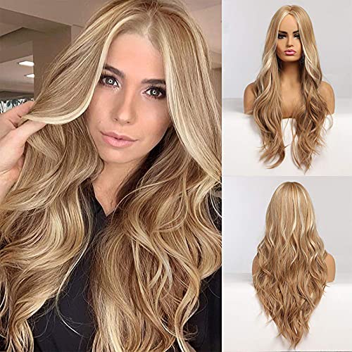 JOOLER Mix BLonde Wig Blonde Wigs For Women Long wavy Wigs Middle Part Heat Resistant Hair Cosplay Daily Party Synthetic Wigs - 1-Mixed Honey Blonde Wig