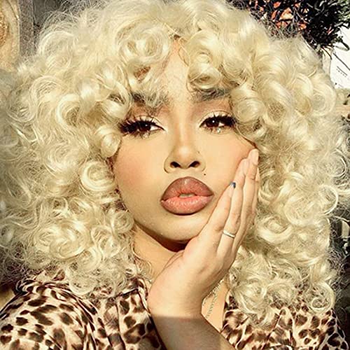 PHOENIXFLY Short Loose Curly Wigs Heat Resistant Fiber Fluffy Weave Curl Afro Synthetic Hair Wig Natural Daily Wigs for Black Women and White Breathable Rose Net Wigs (#613 Blonde) - Blonde/#613