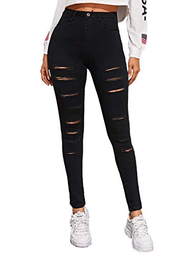 SweatyRocks Women's Hight Waisted Stretch Ripped Skinny Jeans Distressed Denim Pants - Large - Black-5