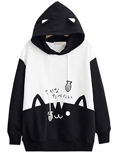 CRB Fashion Cosplay Ladies Anime Bunny Emo Rabbit Hoodie Ears Costume Raccoon Teddy Panda Emo Bear T Shirt Top Shirt (Black Cat)