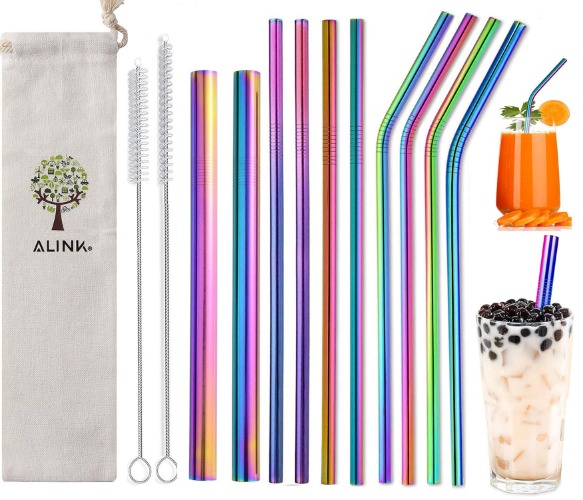 Alink 10-Pack Reusable Stainless Steel Metal Straws,2 Metal Boba Tea Smoothie Straws,10.5"*6mm Drinking Tumbler Straws with 2 Cleaning Brush and Case(Rainbow) - Rainbow