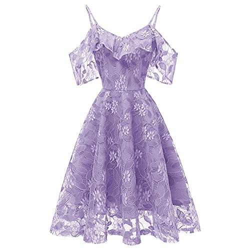 Women's Cold Shoulder Dresses Floral Lace Pleated Dress Ruffle Sleeve Knee Length Dresses Formal Evening Party Prom Gown - Large - Purple