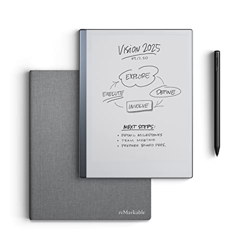 reMarkable Essentials Bundle – Gray | reMarkable 2 Paper Tablet | Includes 10.3” reMarkable Tablet, Marker Plus Pen with Eraser, Book Folio Cover in Gray Weave, and 1-Year Free Connect Trial - reMarkable 2 Bundle with Folio