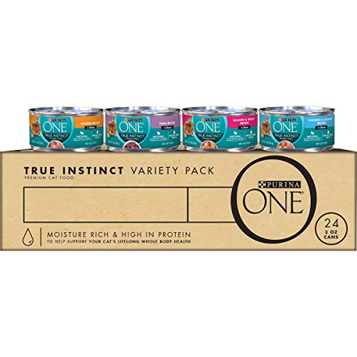 Purina ONE Natural, High Protein Wet Cat Food Variety Pack, True Instinct Chicken, Tuna, Salmon and Trout Recipes - (Pack of 24) 3 oz. Cans - Variety Pack - 3 Ounce (Pack of 24)