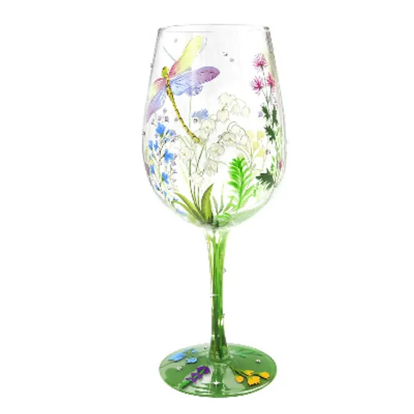 NymphFable Hand Painted Wine Glass Colorful Dragonfly Flower Artisan Painted 15 oz Glass Novelty Gift for Birthdays,Weddings,Valentine's Day