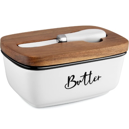 Farmhouse Butter Dish with Lid and Knife for Countertop, Airtight Butter Keeper for Counter or Fridge, Ceramic Butter Container with Thick Acacia Wood Lid, for Kitchen Decor and Accessories, White