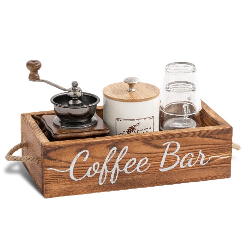 LifeLAZA Coffee Bar Accessories, 2 Sides, Wooden Coffee Station Organizer Storage Box with Coffee Bar Sign, Farmhouse Kitchen Countertop Coffee Holder for Coffee Bar Decor