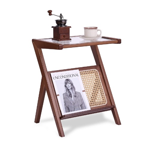 Tiita Rattan Nightstand Side Table, Bamboo Accent Bedside Tables, Glass Coffee Tables, Boho Wooden End Table with Storage for Small Space, Living Room and Bedroom