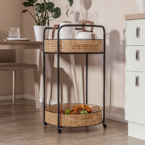 COZAYH Modern Vintage Metal Bar Cart with Caster Wheels, Grid Rattan Style, 20'' Wide Round Bar Cart Indoor, Brown