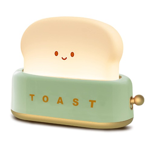 QANYI Desk Decor Toaster Lamp, Rechargeable Small Lamp with Smile Face Toast Bread Cute Toaster Shape Room Decor Night Light for Bedroom, Bedside, Living Room, Dining, Desk Decorations, Gift (Green) - Green