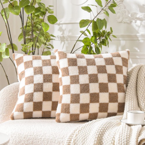 WACOMECO Decorative Throw Pillow Covers - Soft Sherpa Checkerboard Cushion Covers Faux Fur Pillow Cases for Sofa Bedroom Livingroom Car, 18 x 18 in, Khaki and Off White