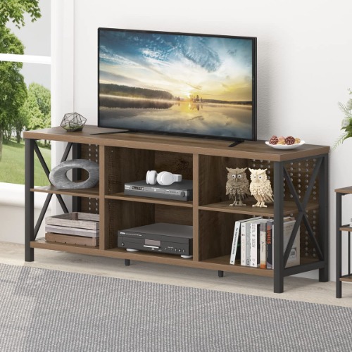 LVB Rustic TV Stand, Industrial Entertainment Center for 70 Inch TV, Long Wood and Metal Television Stand with Storage, Large Modern Farmhouse Media Console Table for Living Bedroom, Rustic Oak, 59 In