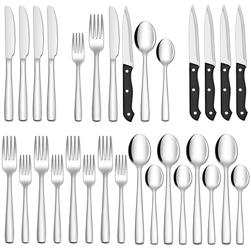 Hiware 24-Piece Silverware Set with Steak Knives, Stainless Steel Flatware Cutlery, Mirror Polished Utensils Set for 4, Includes Forks Spoons Knives Silverware, Dishwasher Safe - 24-Piece - Silver