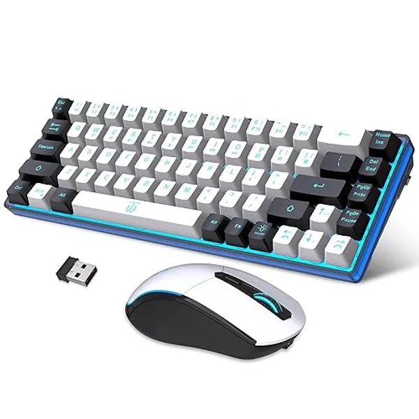 Snpurdiri 60% Wireless Gaming Keyboard and Mouse Combo,Ice Blue Backlit Rechargeable 2000mAh Battery,Mini Mechanical Feel Anti-ghosting Keyboard + Popular RGB Mice for Gaming, Office(White-Black)