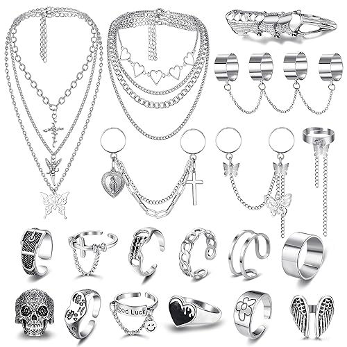 Sanfenly Punk Chain Rings+ Layered Chain Necklace Set for Women Men, Cool Goth Punk Vintage Stackable Open Finger Rings Statement Pendant Choker Necklace Emo Y2K Jewelry - Necklace Ring Set