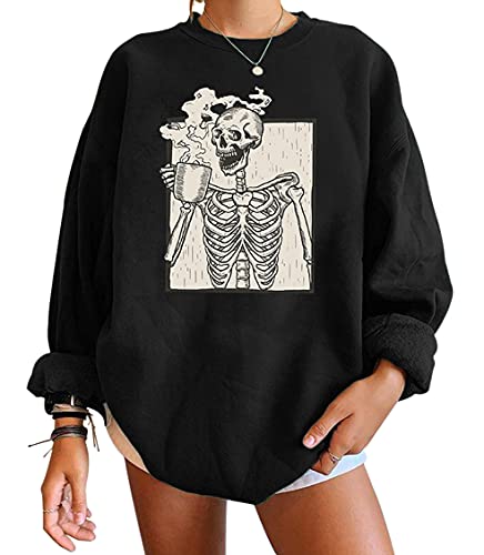 Meladyan Halloween Skull Graphic Print Fleece Oversized Sweatshirt Crewneck Long Sleeve Drop Shoulder Pullover - Large - Classic Black