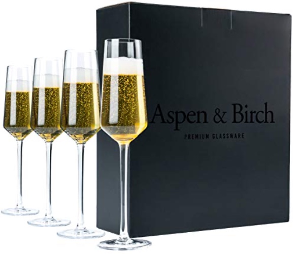 Aspen & Birch - Classic Champagne Flutes Set of 4 - Champagne Glasses - Mimosa Glasses, Premium Crystal Stemware, Clear, 6 oz, Hand Blown Glass Champagne Flutes - Hand Crafted by Artisans