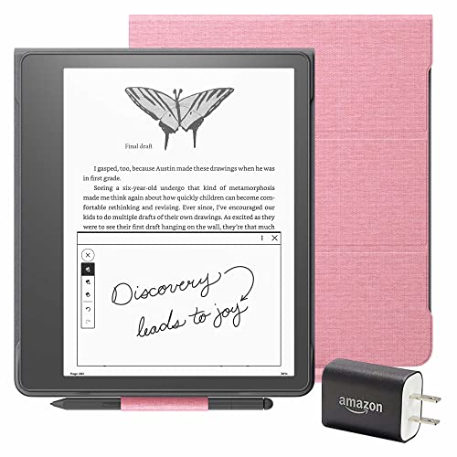 Kindle Scribe Essentials Bundle including Kindle Scribe (32 GB), Premium Pen, Fabric Folio Cover with Magnetic Attach - Rose, and Power Adapter - Premium Pen - 32 GB - Rose