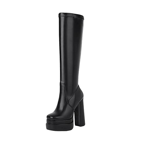 vivianly Women's Platform Knee High Boots Square Toe Chunky Heel Long Stretch Gogo Boots with Side Zipper - 8.5 - Black