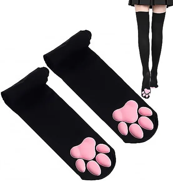 Cat Paw Thigh High Socks Golves, Cute Soft 3D Toe Beans Socks Mittens Kitten Claw Pad Socks for Girl Women Cosplay Set… - Black Socks