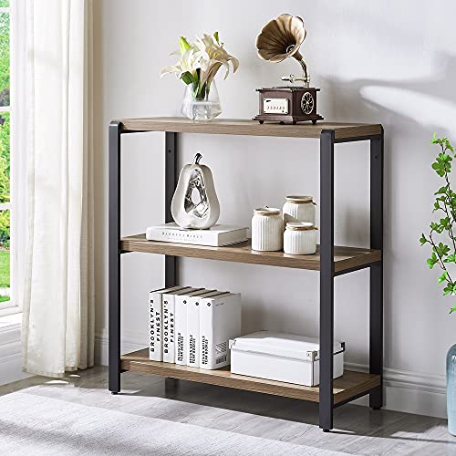 FOLUBAN 3 Tier Bookshelf, Industrial Bookcase and Book Shelves for Bedroom, Rustic Wood and Metal Shelving Unit for Office, Oak - 3-Tier