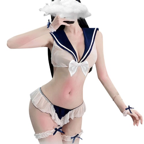 YOMORIO Lolita Schoolgirl Lingerie Sailor Costume Sexy Ruffle Bra and Panty Set - Blue