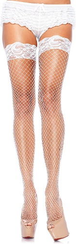 Leg Avenue Women's Industrial Fishnet Thigh Highs with Stay Up Silicone Lace Top - White One Size