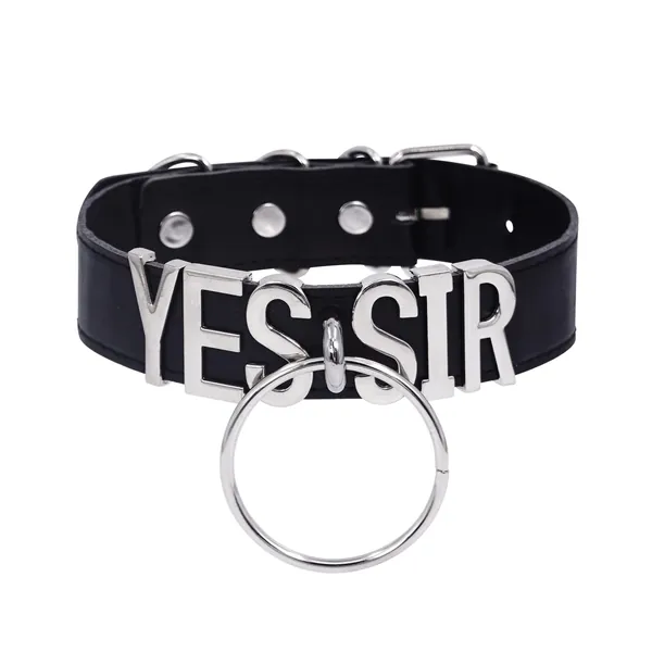 ADEMISHIA Women Black Leather Choker Necklace, Punk Gothic O-ring Collar With Large Alloy Letters, Halloween Quinn Puddin Cosplay Choker For Girls