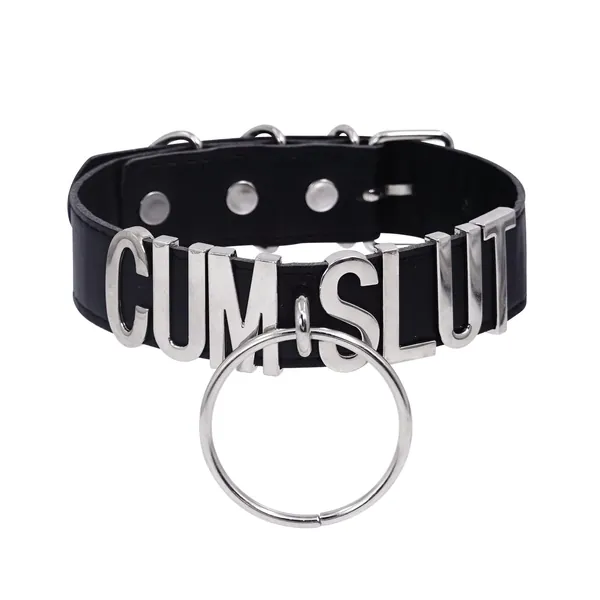 ADEMISHIA Women Black Leather Choker Necklace, Punk Gothic O-ring Collar With Large Alloy Letters, Halloween Quinn Puddin Cosplay Choker For Girls