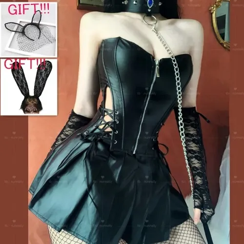 Hot girl tube top corsetto minigonna in ecopelle PU 3 pezzi set Party Club Sexy Punk abito estivo nero Plus size
