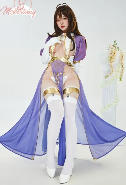 Nun Sexy Lingerie Set Purple Cutout Top and Slit Skirt with Thong and Thigh-High Stockings