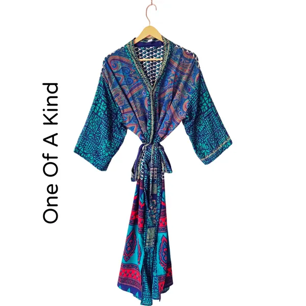 Recycled Silk Vintage Kimono - Tiffany Blue and Rouge Red