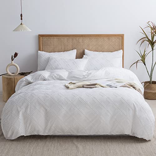 JELLYMONI Bright White Duvet Cover Queen Size - 3PCS Microfiber Tufted Duvet Cover Set, Boho Textured Duvet Cover Jacquard Rhombus Geometric Pattern Duvet Cover with Corner Ties & Zipper Closure - Bright White - Queen(90"×90")