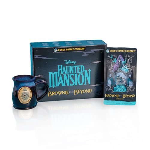 Bones Coffee Company Brownie From Beyond Collector's Box Ground Coffee Beans | Hand-thrown mug featuring Gracey Manor and 12 oz Caramel Brownie Flavor Inspired by Disney's Haunted Mansion (Ground) - 12 Ounce (Pack of 1) - Brownie From Beyond Collector's Box (Ground)
